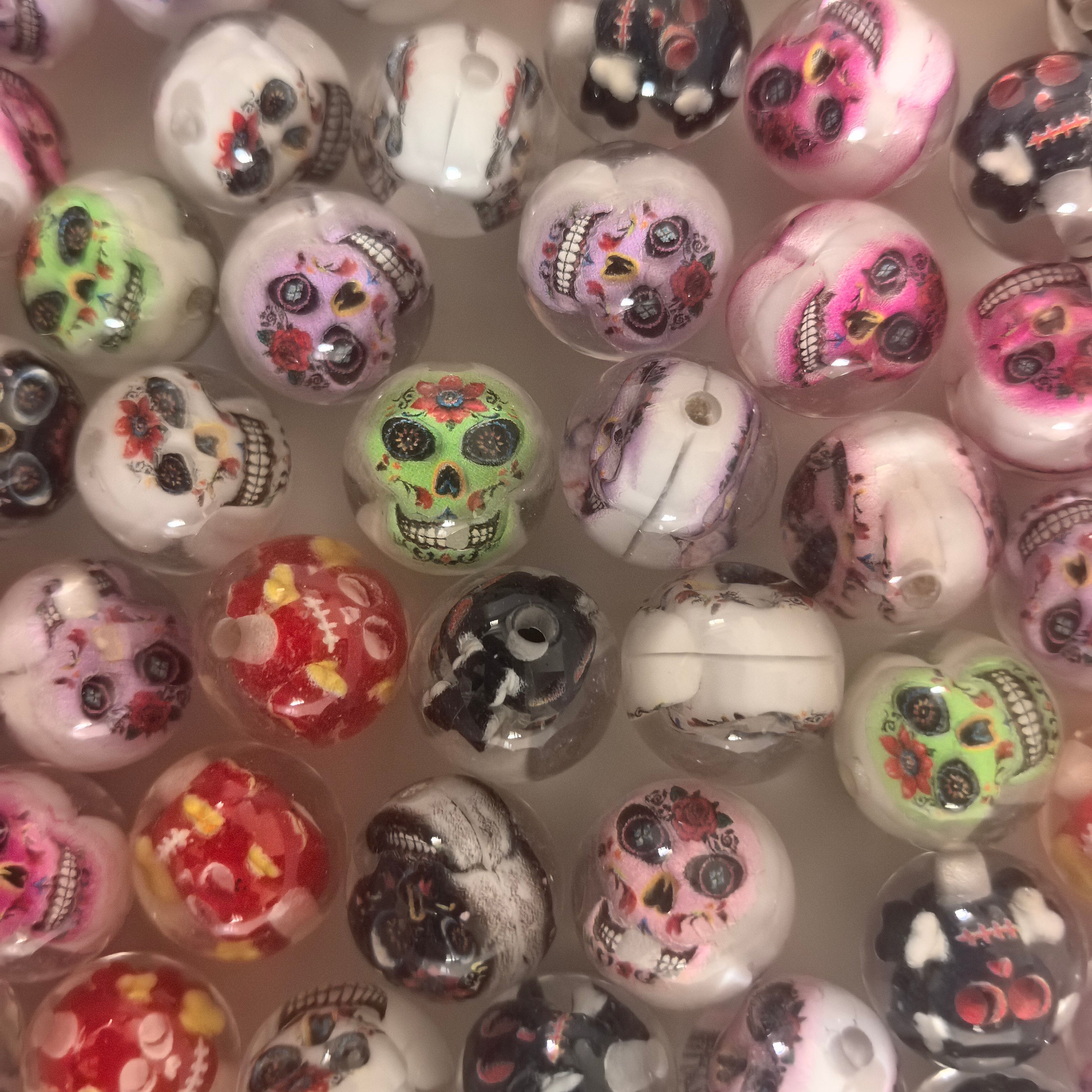 Sugar Skull Printed Acrylic Round Beads, Day of the Dead Skull Loose Beads for DIY Pen & Jewelry Making